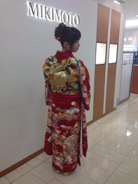 「アイテム（水着/着物・浴衣、レッド系）」を使った、ワタベハシコさん（レディース・150cm）の冬コーディネート