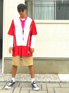 「アイテム（ジャージ、レッド系）」を使った、りゅういち先生さん（メンズ・178cm）の秋コーディネート