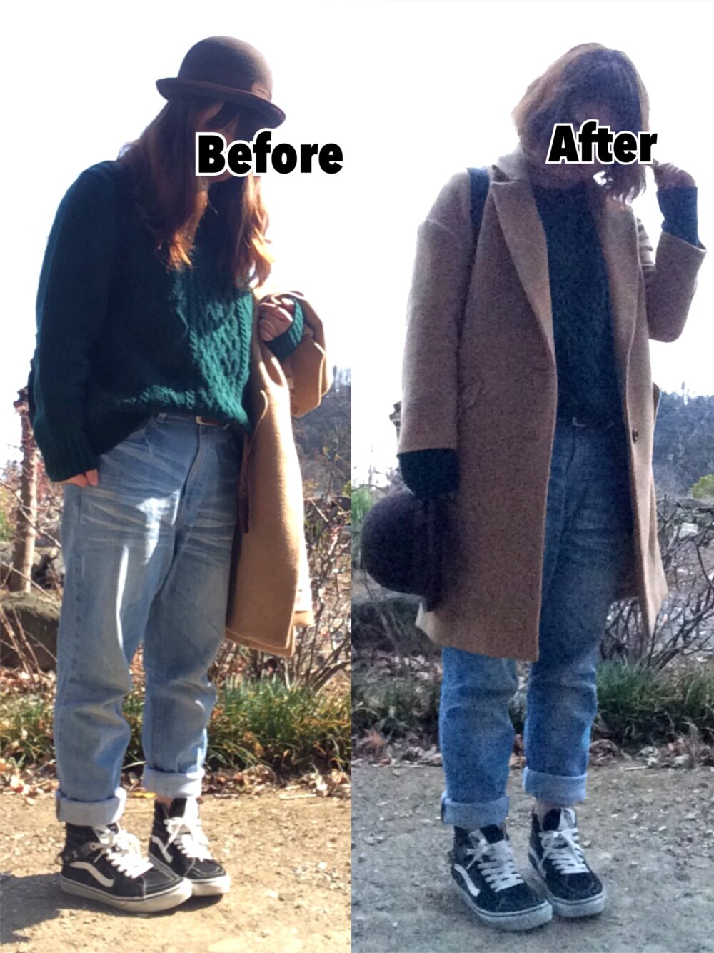 グリーン系のニット/セーター、ベージュ系のジャケット/アウター、ブルー系のデニムパンツを着用したレディースの冬コーディネートの1枚目の写真