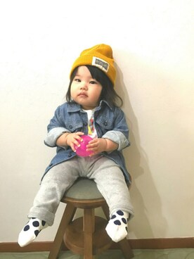 「ダンガリーシャツ」｜「アイテム（ニットキャップ/ビーニー）」を使った、suuu3さん（キッズ・70cm）の秋コーディネート