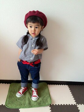 「インディゴデニム」｜「アイテム（ハンチング/ベレー帽）」を使った、☺︎ひないろ☺︎さん（キッズ・90cm）の春コーディネート