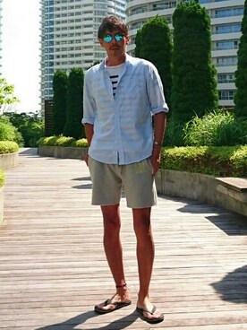 「Abercrombie&Fitch（アバークロンビーアンドフィッチ）のアイテム（シューズ）」を使った、KAMEKENさん（メンズ・185cm）の夏コーディネート