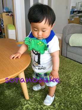 「アイテム（ママ＆ベビー、グリーン系）」を使った、☁︎•ꇵ͒•`s☺︎+sa*॰¨̮さん（キッズ・70cm）の春コーディネート