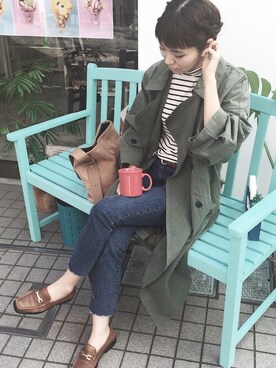 「アイテム（トレンチコート、グリーン系）」を使った、Naoさん（レディース・166cm）の秋コーディネート