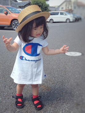 「しまむら（シマムラ）のアイテム（ワンピース、ホワイト系）」を使った、しづくさん（キッズ・80cm）の夏コーディネート