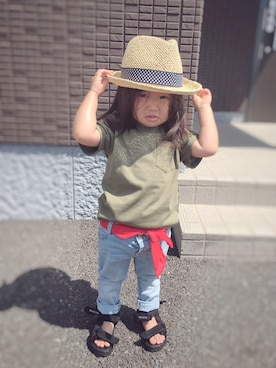 「GLOBAL WORK（グローバルワーク）のアイテム（Tシャツ/カットソー、グリーン系）」を使った、しづくさん（キッズ・80cm）の夏コーディネート