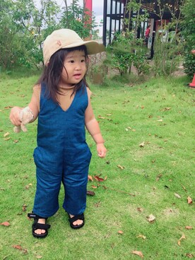 「OLD NAVY（オールドネイビー）のアイテム（キャップ、ベージュ系）」を使った、しづくさん（キッズ・80cm）の夏コーディネート