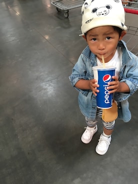 「Mini Rodini（ミニロディーニ）のアイテム（ニットキャップ/ビーニー）」を使った、ko_kuさん（キッズ・90cm）の夏コーディネート