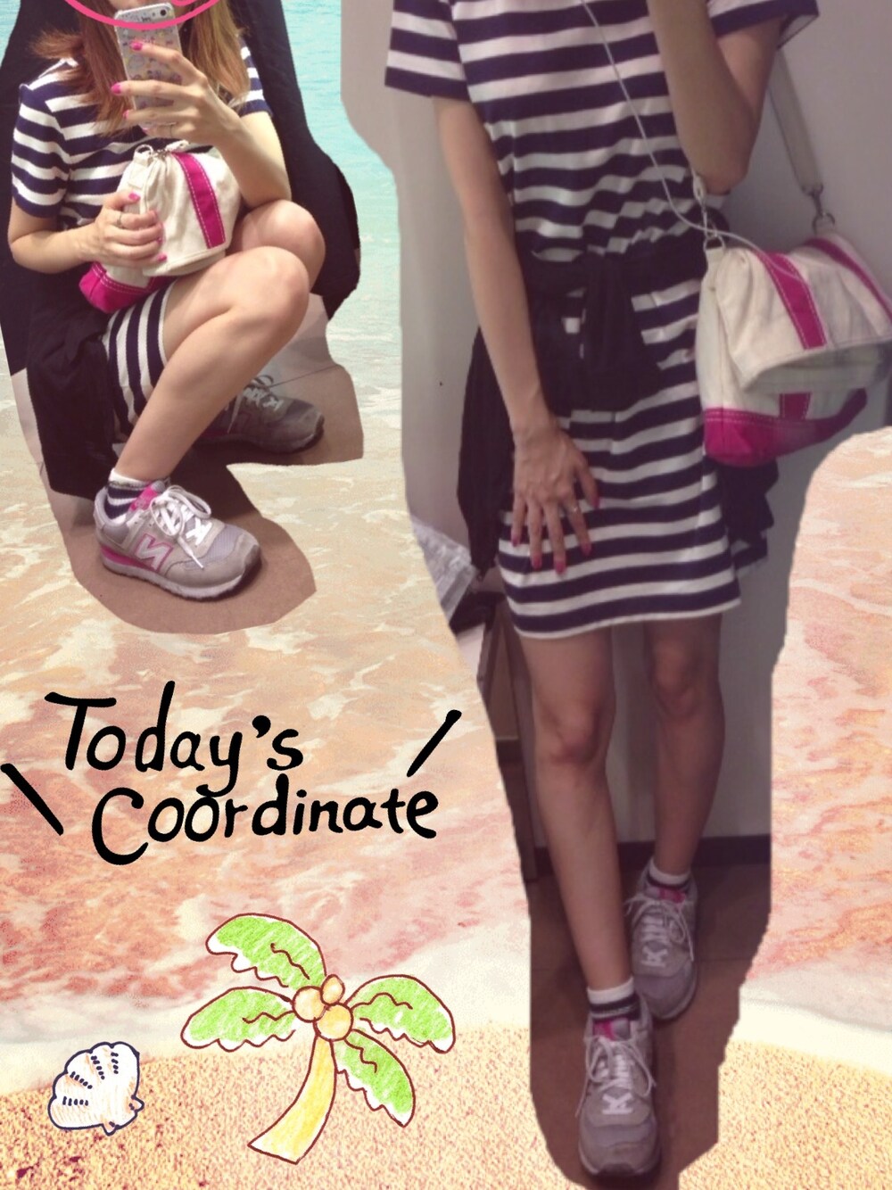 「ボーダー、New Balance、UNIQLO、モノトーン、しまむら、プチプラ、ラインソックス」｜「NEW BALANCEのNEW BALANCE WL574 (WL574EXP)（スニーカー、グレー系）」を使った、canacoさん（レディース・157cm）の夏コーディネートの1枚目の写真