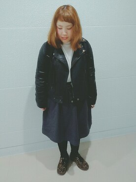 「ぽっちゃりコーデ」｜「アイテム（ライダースジャケット）」を使った、ASAMIさん（レディース・154cm）の冬コーディネート