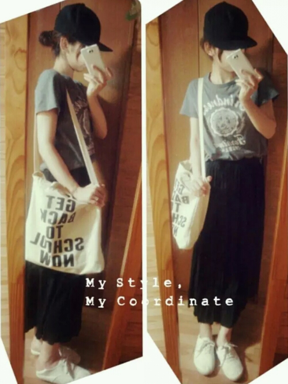 ブラック系のスカート、ホワイト系のバッグ、ホワイト系のシューズを着用したレディースの夏コーディネートの1枚目の写真