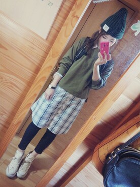 「Lee（リー）のアイテム（バックパック/リュック）」を使った、グリーンさん（レディース・160cm）の冬コーディネート