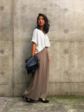 「スキッパーシャツ」｜「アイテム（ライダースジャケット）」を使った、INGNI（イング）さん（レディース・160cm）の秋コーディネート