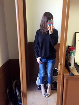 「GU（ジーユー）のアイテム（ニット/セーター、ブラック系）」を使った、nicoさん（レディース・160cm）の秋コーディネート