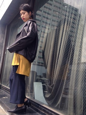 「BLACK BY MOUSSY（ブラックバイマウジー）のアイテム（ライダースジャケット）」を使った、nanakimuraさん（レディース・156cm）の夏コーディネート