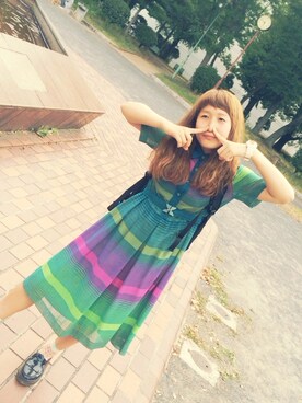 「古着のアイテム（ワンピース、グリーン系）」を使った、nanaさん（レディース・155cm）の夏コーディネート