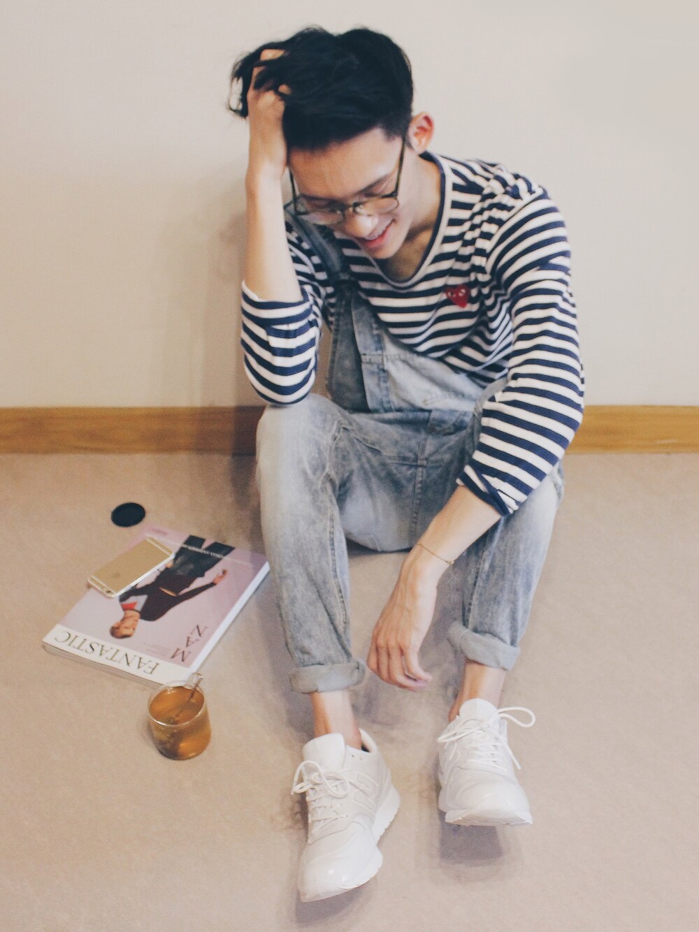 「COMME des GARCONS、stripe、dungarees、demin、New Balance、new balance 996」｜「ZARAのアイテム（つなぎ/オールインワン、ブルー系）」を使った、lucasyshさん（メンズ・186cm）の春コーディネートの1枚目の写真