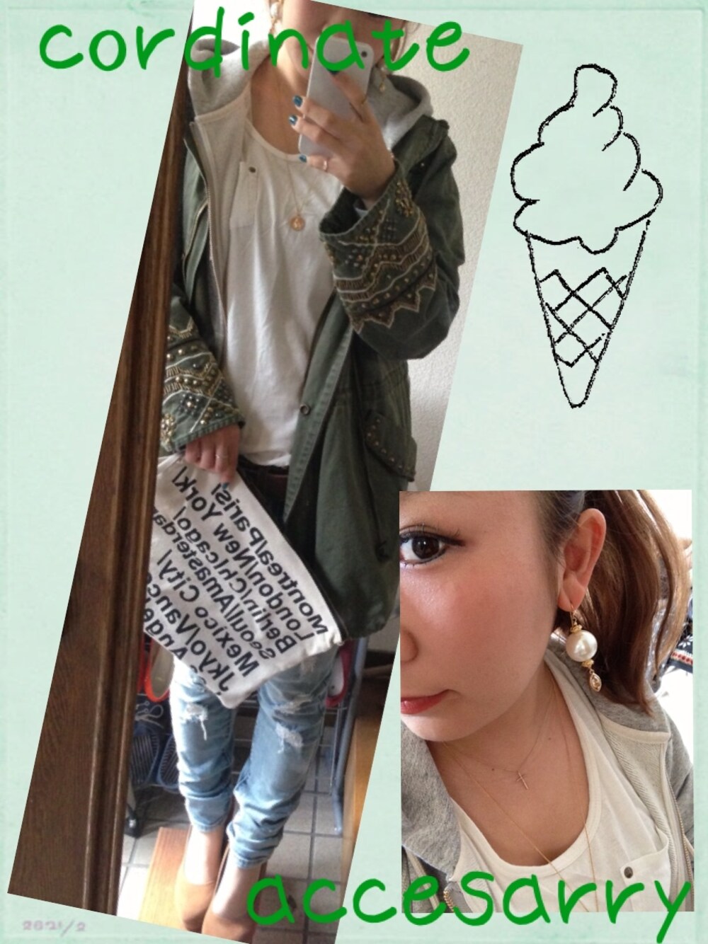 グリーン系のモッズコート、ホワイト系のTシャツ/カットソー、グレー系のパーカーを着用したレディースの春コーディネートの1枚目の写真