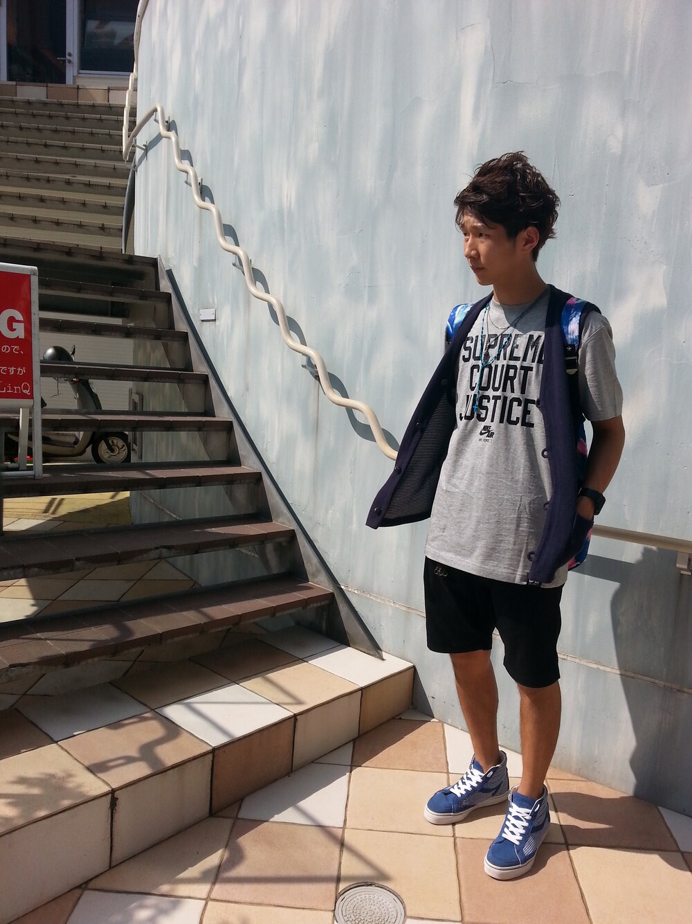 「NIKE、GLOBAL WORK、 A BATHING APE 、NIKE AIR」｜「RAGEBLUEのメキシカンクロスネックレス/549496（ネックレス、ブルー系）」を使った、yumaさん（メンズ・173cm）の夏コーディネートの1枚目の写真
