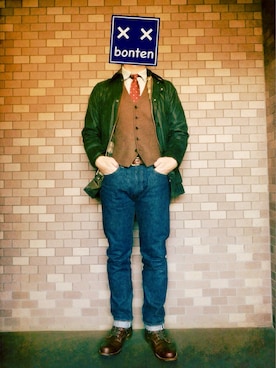 「オイルドジャケット」｜「アイテム（カバーオール）」を使った、bontenさん（メンズ・174cm）の冬コーディネート