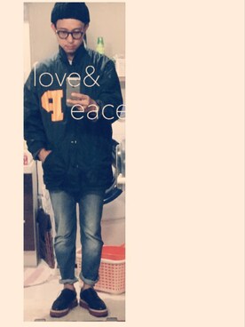 「アイテム（ナイロンジャケット、グリーン系）」を使った、MOSさん（メンズ・178cm）の秋コーディネート