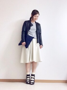 「DOMA（ドマ）のアイテム（ライダースジャケット、ブラック系）」を使った、ひよこさん（レディース・158cm）の春コーディネート