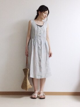 「UNIQLO（ユニクロ）のWOMEN リネンドレス（ノースリーブ）＋（ワンピース/ドレス、ベージュ系）」を使った、ひよこさん（レディース・158cm）の夏コーディネート