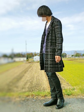 「DIESEL（ディーゼル）のアイテム（チェスターコート）」を使った、biwakenさん（メンズ・184cm）の秋コーディネート