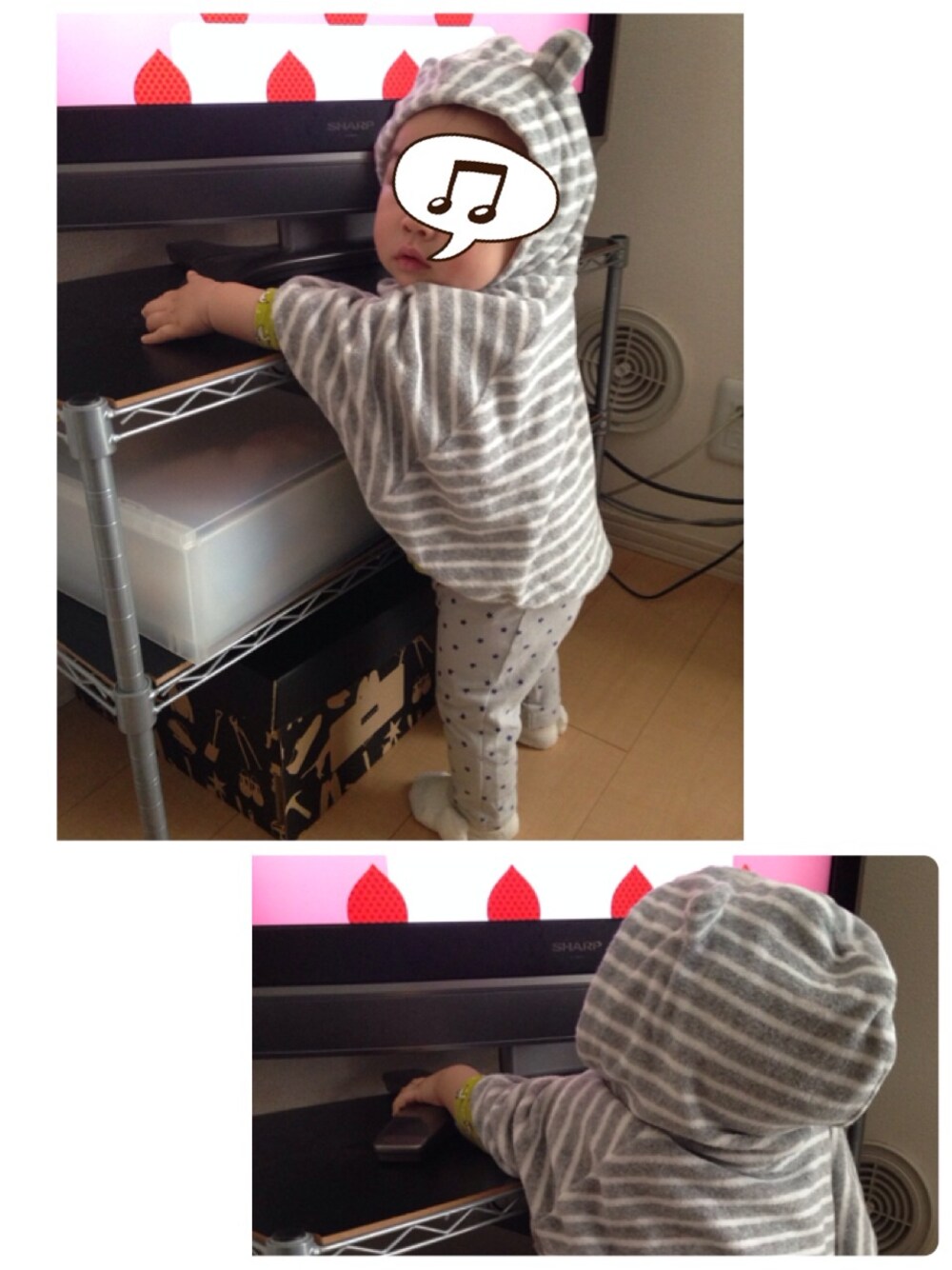 「kids、くま、動物モチーフ」｜「babyGAPのアイテム（ポンチョ、グレー系）」を使った、hacchanさん（キッズ・80cm）の春コーディネートの1枚目の写真