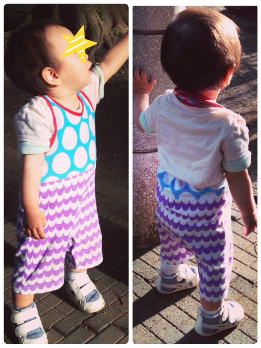 「kids、柄×柄、BIBPA、GAPbaby」｜「ASICSのファーストシューズ（スニーカー、ホワイト系）」を使った、hacchanさん（キッズ・80cm）の夏コーディネートの1枚目の写真