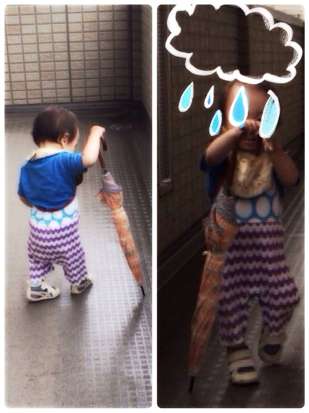 「kids、ファーストシューズ、BIBPA、セサミストリート、お気に入りの傘」｜「NYおみやげのアイテム（Tシャツ/カットソー、ブルー系）」を使った、hacchanさん（キッズ・80cm）の夏コーディネートの1枚目の写真