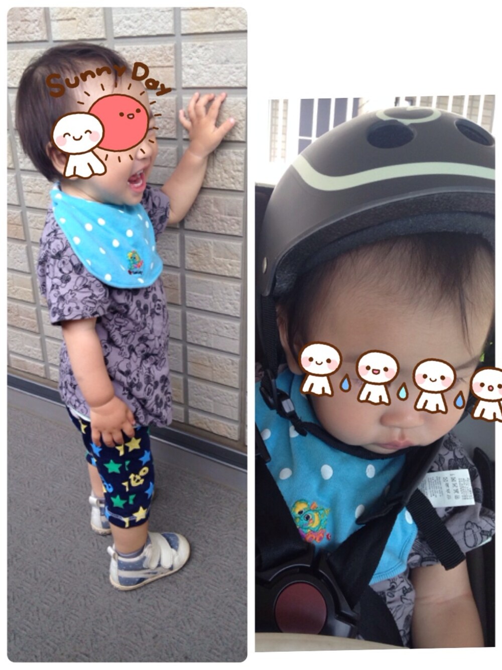 「星柄、UNIQLO、ドット、kids、ミッキー、ファーストシューズ、UT、bikke」｜「UNIQLOのアイテム（Tシャツ/カットソー、グレー系）」を使った、hacchanさん（キッズ・80cm）の夏コーディネートの1枚目の写真