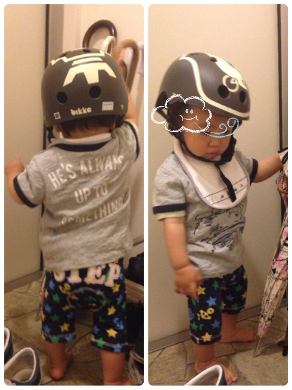 「星柄、kids、familiar、動物モチーフ、GAPbaby、bikke、観戦スタイル、パディントン」｜「babyGAPのアイテム（Tシャツ/カットソー、グレー系）」を使った、hacchanさん（キッズ・80cm）の夏コーディネートの1枚目の写真