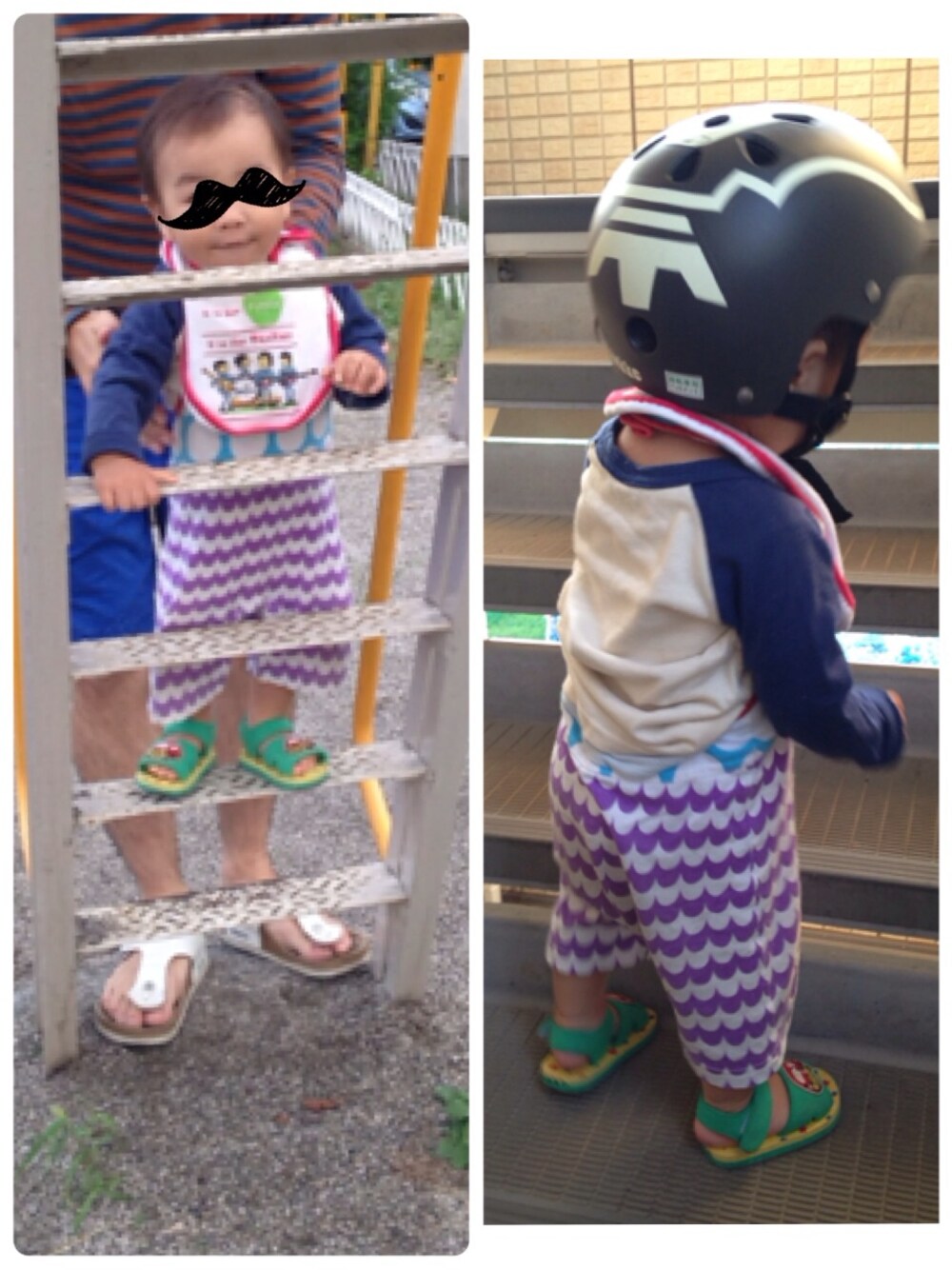 「bikke、BIBPA、ラグランTシャツ、柄×柄、ヘルメット、サンダル、公園、ビートルズ、Beatles」｜「BIBPAのBIBPA（ロンパース、その他）」を使った、hacchanさん（キッズ・80cm）の秋コーディネートの1枚目の写真