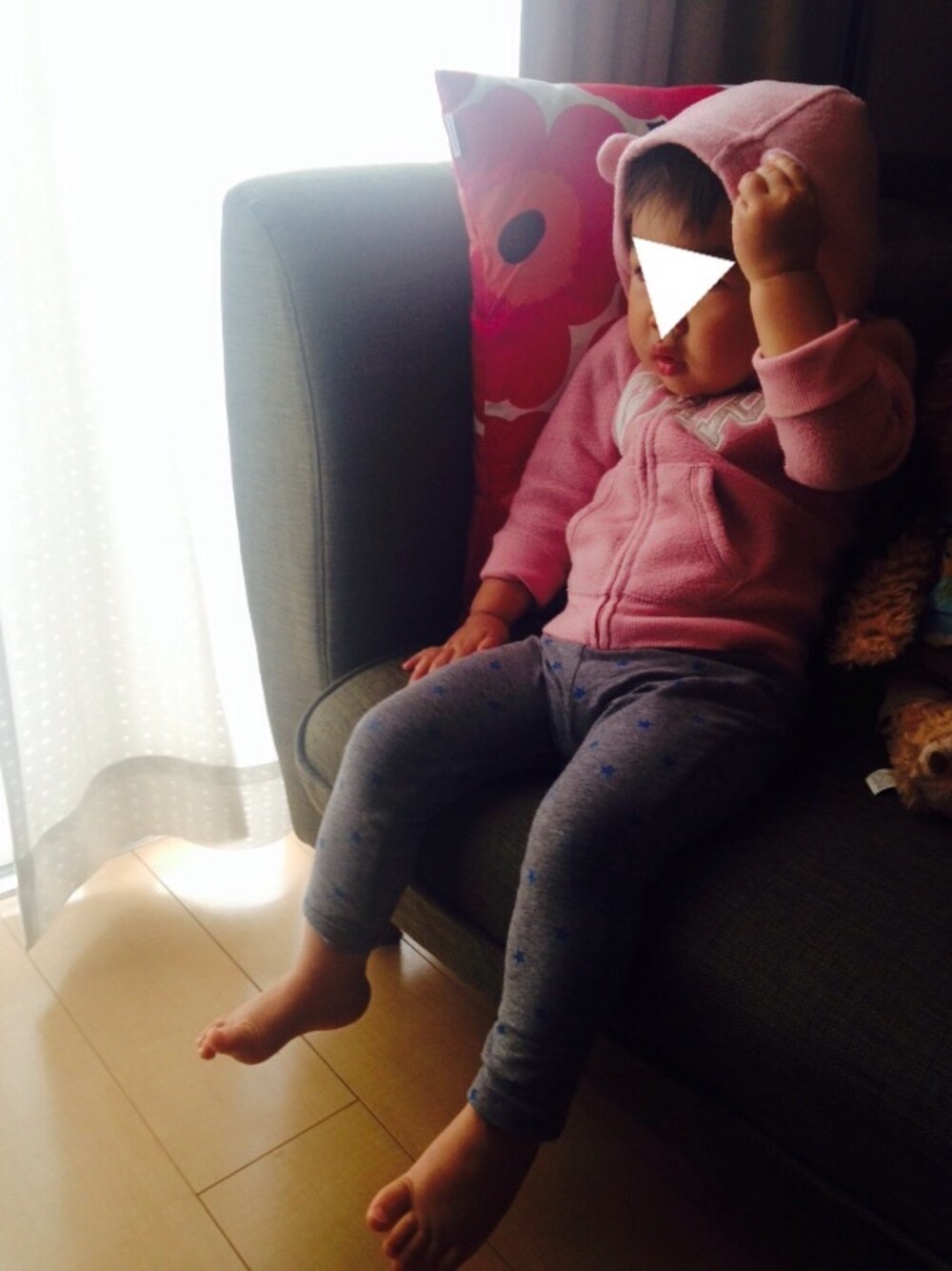 「パーカー、babygap、ピンク、くまさん、動物モチーフ、耳つき、星柄」｜「babyGAPのアイテム（パーカー、ピンク系）」を使った、hacchanさん（キッズ・80cm）の春コーディネートの1枚目の写真