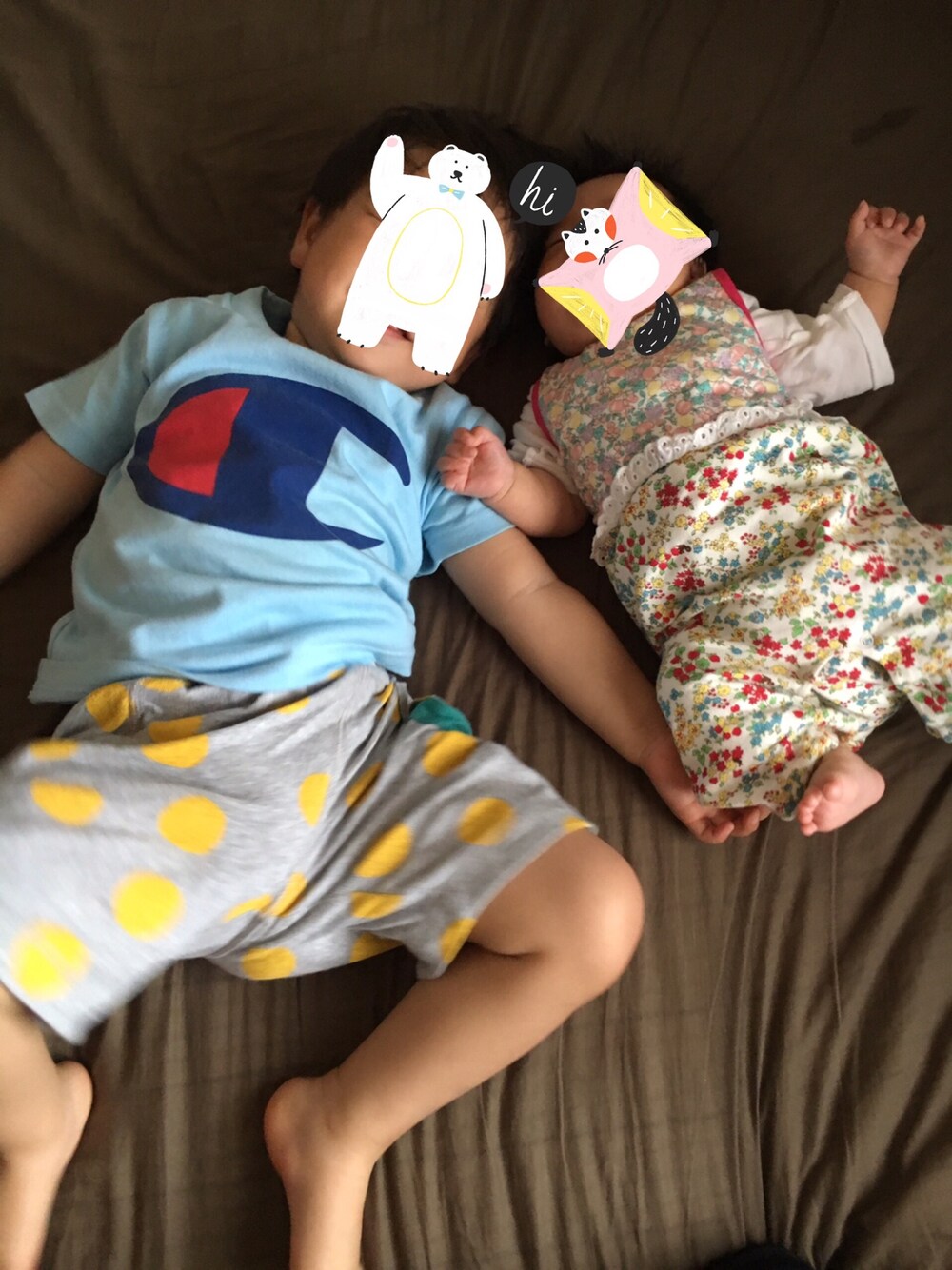 「kids、兄妹コーデ、BIBPA、Champion、ドット」｜「BREEZEのアイテム（Tシャツ/カットソー、ブルー系）」を使った、hacchanさん（キッズ・90cm）の春コーディネートの1枚目の写真