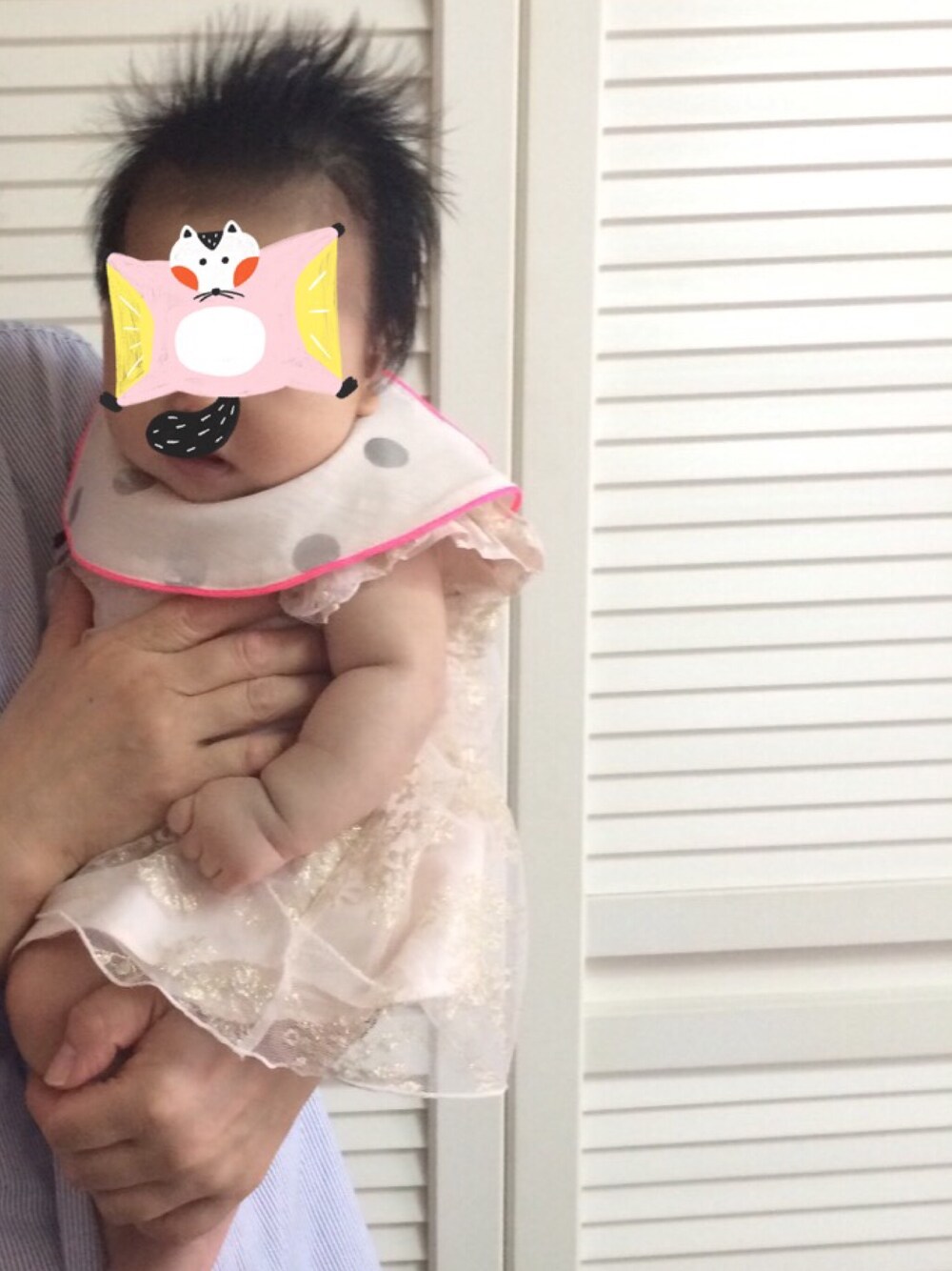 「お食い初め、ドレスアップ、マールマール、女の子」｜「MARLMARLの【使用不可】MARLMARL joujou スタイ (pink toy ribbon)（スタイ/よだれかけ、ピンク系）」を使った、hacchanさん（キッズ・50cm）の夏コーディネートの1枚目の写真
