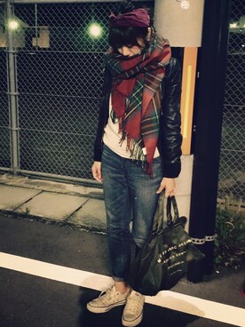 「DOMA（ドマ）のアイテム（ライダースジャケット）」を使った、miki✧*さん（レディース・158cm）の冬コーディネート