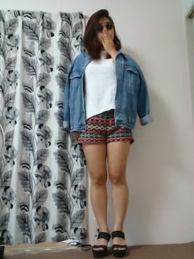 「ウェッジソール」｜「アイテム（デニムジャケット）」を使った、Yuki Fuさん（レディース・161cm）の夏コーディネート