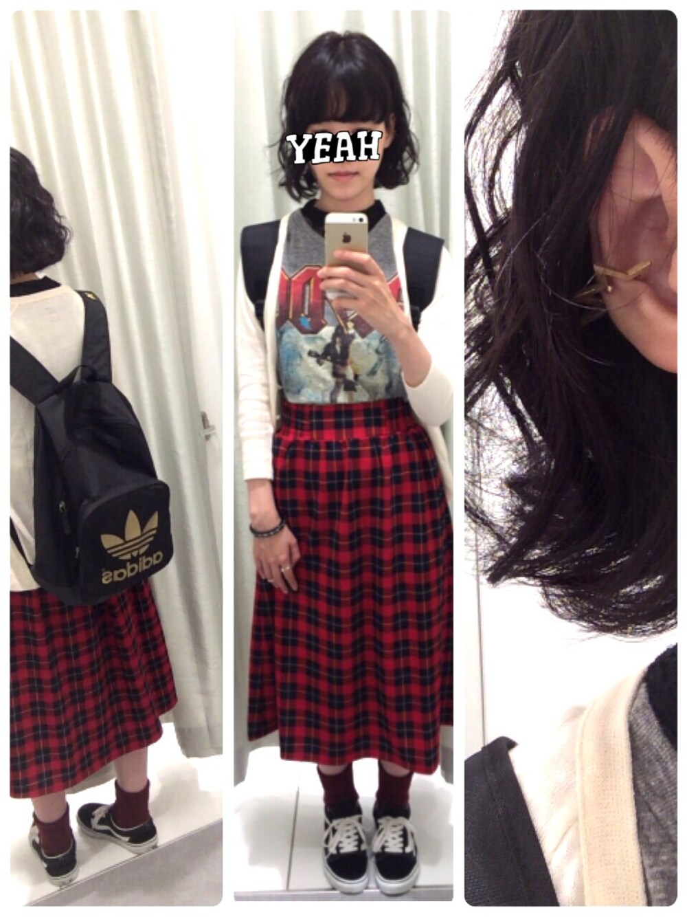 レッド系のスカート、レッド系のスカート、ブラック系のタンクトップを着用したレディースの秋コーディネートの1枚目の写真