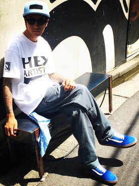 「BLUCO（ブルコ）のアイテム（帽子）」を使った、Yuya Nagaiさん（メンズ・170cm）の夏コーディネート