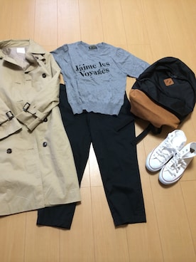 「ロゴニット」｜「アイテム（トレンチコート）」を使った、しましまさん（レディース・164cm）の秋コーディネート