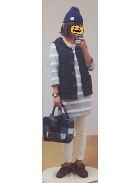 「CASIO」｜「アイテム（ニットキャップ/ビーニー）」を使った、harunokoさん（レディース・152cm）の秋コーディネート