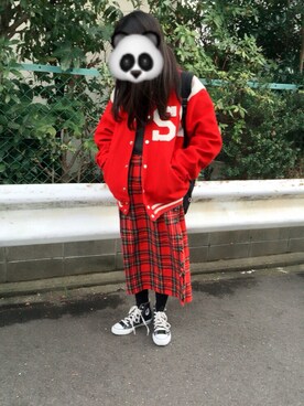 「red」｜「アイテム（ブルゾン）」を使った、し ま あ す %°さん（レディース・153cm）の冬コーディネート