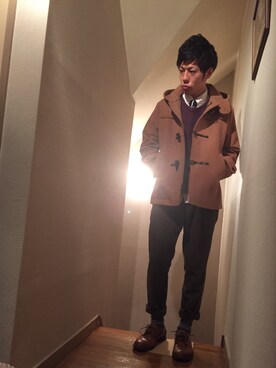 「白シャツ×ニット」｜「アイテム（ダッフルコート）」を使った、ばそんさん（メンズ・174cm）の秋コーディネート