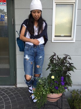 「Current/Elliott（カレントエリオット）のアイテム（デニムパンツ、ブルー系）」を使った、きみたんさん（レディース・162cm）の夏コーディネート