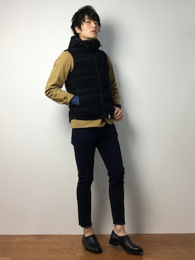 「茶色」｜「アイテム（ノーカラージャケット）」を使った、中嶋時男さん（メンズ・183cm）の冬コーディネート