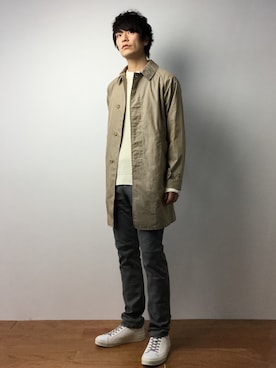 「BEAMS PLUS（ビームスプラス）のアイテム（ステンカラーコート）」を使った、中嶋時男さん（メンズ・183cm）の春コーディネート