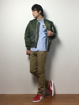 「CASPER JOHN AIVER（キャスパージョンアイバー）のアイテム（MA-1）」を使った、中嶋時男さん（メンズ・183cm）の春コーディネート