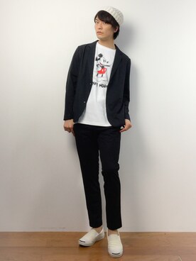 「UP START（アップスタート）のアイテム（帽子）」を使った、中嶋時男さん（メンズ・183cm）の春コーディネート